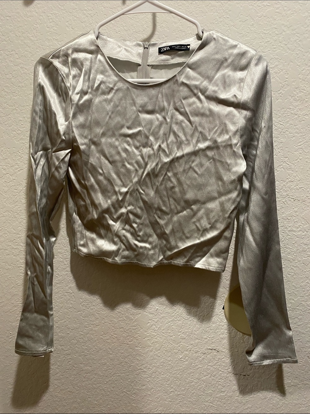 ZARA Metallic Silver Long-Sleeve Cropped Top